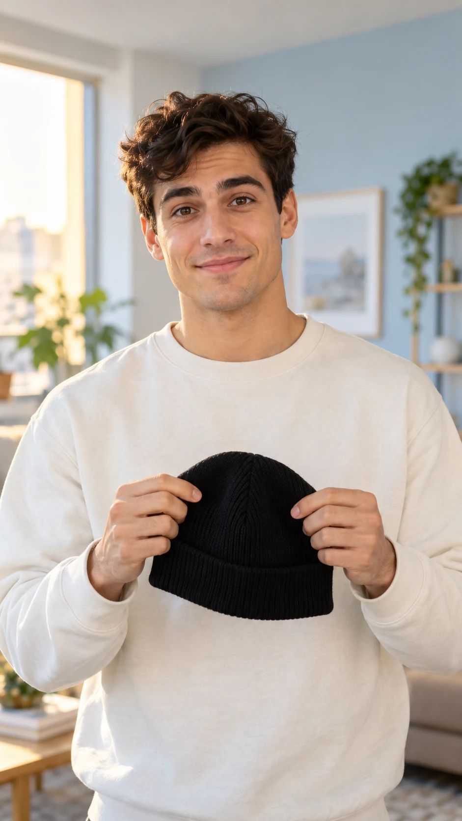 AI generated demo photo of a smiling adult in a warm room